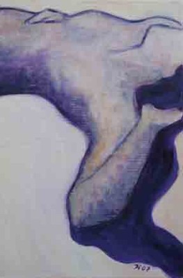 Gemälde in Acryl mit einer liegenden weiblichen Figur in zarten Lila und Pastellfarben